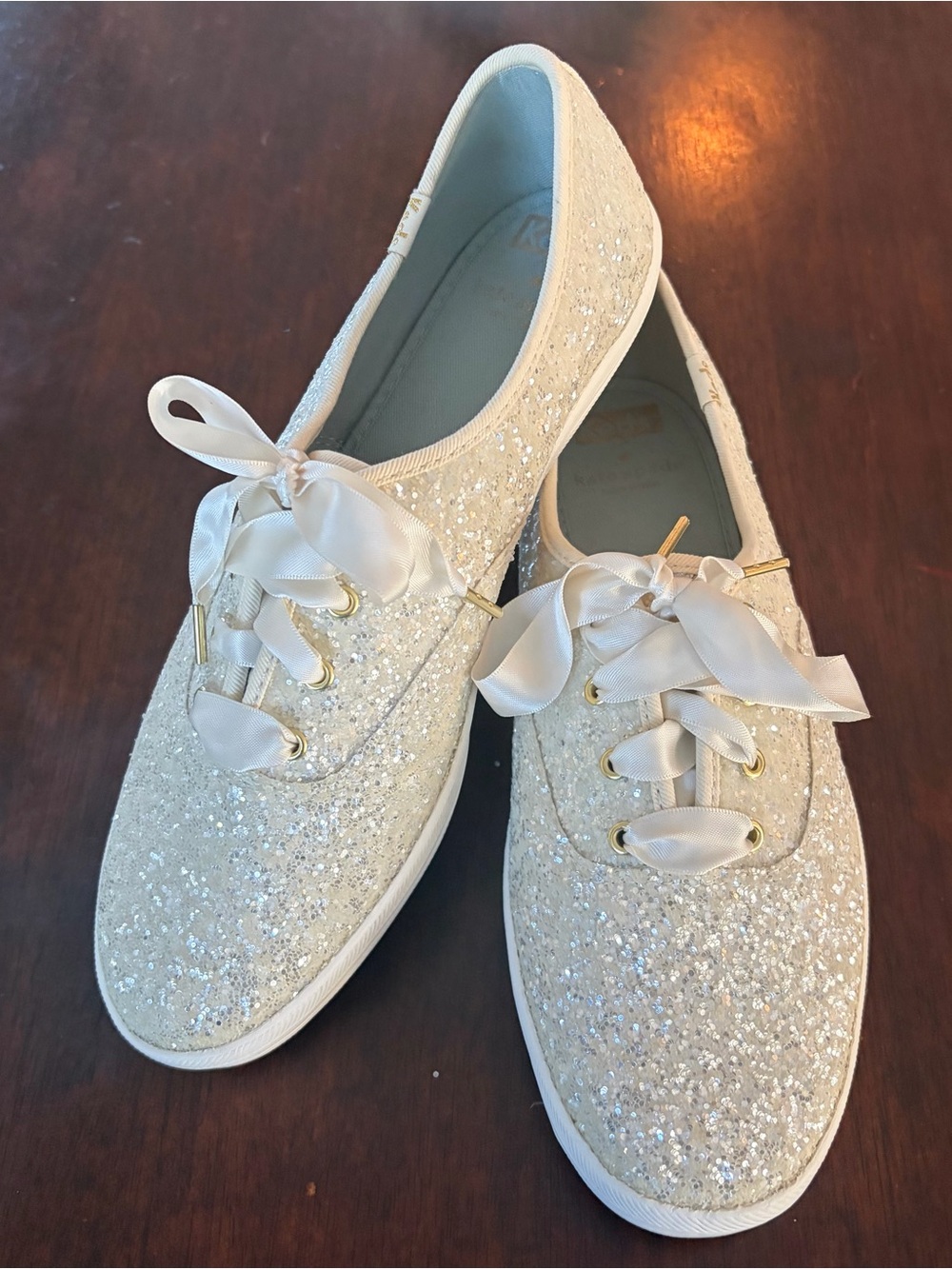 Kate Spade Keds, Ivory Glitter Lace-Up Sneakers with Satin Ribbon.